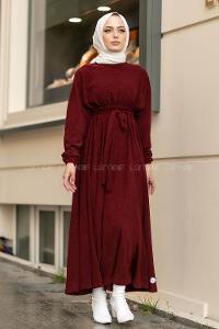 Modalamelif Kol ve Beli Büzgü Detaylı Kuşaklı Elbise Bordo