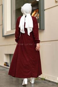 Modalamelif Kol ve Beli Büzgü Detaylı Kuşaklı Elbise Bordo