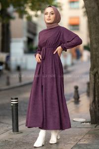 Modalamelif Kol ve Beli Büzgü Detaylı Kuşaklı Elbise Mor