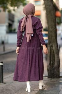 Modalamelif Kol ve Beli Büzgü Detaylı Kuşaklı Elbise Mor