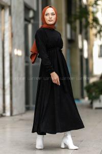 Modalamelif Kol ve Beli Büzgü Detaylı Kuşaklı Elbise Siyah