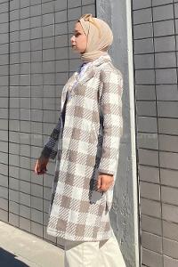 Modalamelif Kuşak Bağlama Detaylı Çift Cepli Kaban Bej