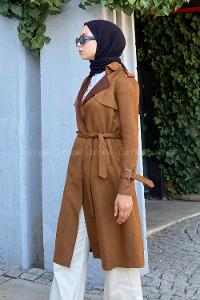 Modalamelif Kuşak Bağlamalı Omuz Apoletli Süet Trenç Kahverengi