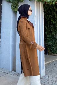 Modalamelif Kuşak Bağlamalı Omuz Apoletli Süet Trenç Kahverengi