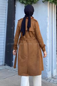 Modalamelif Kuşak Bağlamalı Omuz Apoletli Süet Trenç Kahverengi