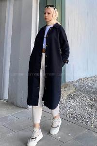 Modalamelif Önü Boydan Düğmeli Beli Kemerli Trenç Siyah