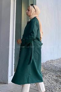 Modalamelif Önü Boydan Düğmeli Beli Kemerli Trenç Zümrüt