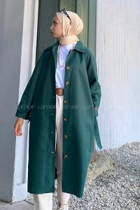 Modalamelif Önü Boydan Düğmeli Beli Kemerli Trenç Zümrüt