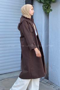 Modalamelif Önü Boydan Düğmeli Kapüşon Detaylı Trenç Acıkahve