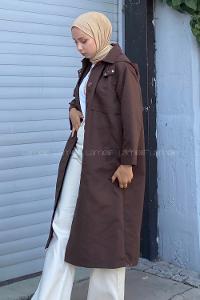 Modalamelif Önü Boydan Düğmeli Kapüşon Detaylı Trenç Acıkahve