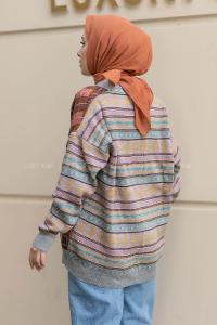 Modalamelif Önü Düğme Detaylı Kilim Desenli Çift Çepli Triko Hırka Açık Gri - Bej