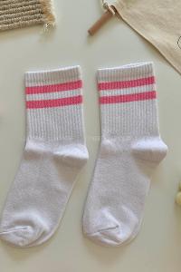 Modalamelif Pudra Çizgili Beyaz Soket Çorap