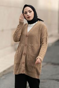 Modalamelif V Yaka Önü Düğmeli Saç Örgü Desenli Çift Cepli Hırka Camel