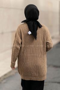 Modalamelif V Yaka Önü Düğmeli Saç Örgü Desenli Çift Cepli Hırka Camel