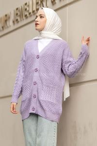 Modalamelif V Yaka Önü Düğmeli Saç Örgü Desenli Çift Cepli Hırka Lila