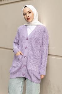 Modalamelif V Yaka Önü Düğmeli Saç Örgü Desenli Çift Cepli Hırka Lila