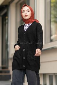 Modalamelif V Yaka Önü Düğmeli Saç Örgü Desenli Çift Cepli Hırka Siyah