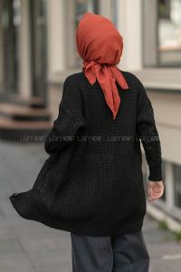 Modalamelif V Yaka Önü Düğmeli Saç Örgü Desenli Çift Cepli Hırka Siyah