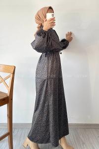 Modalamelif Beli Tünel Bağlamalı Yarım Düğmeli Çiçek Desenli Elbise Lacivert