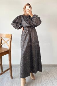 Modalamelif Beli Tünel Bağlamalı Yarım Düğmeli Çiçek Desenli Elbise Lacivert