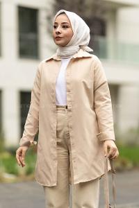 Modalamelif Boyfriend Boydan Düğmeli Gömlek Bej