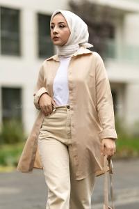 Modalamelif Boyfriend Boydan Düğmeli Gömlek Bej