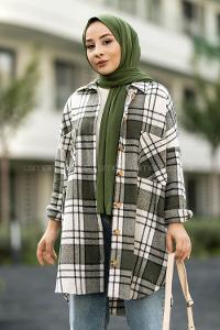 Modalamelif Çift Cepli Önü Boydan Düğmeli Ekose Tunik Haki