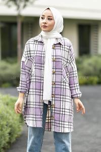 Modalamelif Çift Cepli Önü Boydan Düğmeli Ekose Tunik Lila