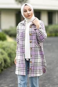 Modalamelif Çift Cepli Önü Boydan Düğmeli Ekose Tunik Lila
