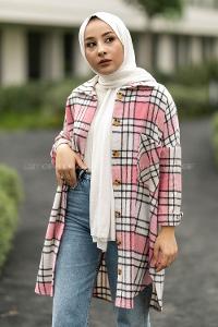 Modalamelif Çift Cepli Önü Boydan Düğmeli Ekose Tunik Pembe-Gri