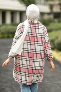 Modalamelif Çift Cepli Önü Boydan Düğmeli Ekose Tunik Pembe-Gri