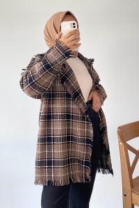 Modalamelif Ekose Desen Püsküllü Hırka Sütlü Kahve - Siyah