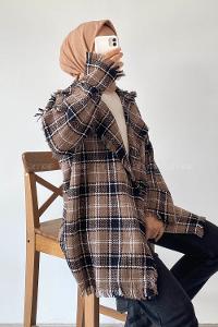 Modalamelif Ekose Desen Püsküllü Hırka Sütlü Kahve - Siyah