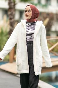 Modalamelif Kapüşonlu Fermuarlı Çift Cepli Peluş Hırka Ekru