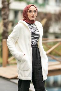 Modalamelif Kapüşonlu Fermuarlı Çift Cepli Peluş Hırka Ekru
