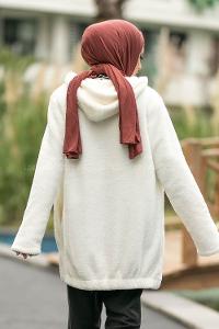 Modalamelif Kapüşonlu Fermuarlı Çift Cepli Peluş Hırka Ekru