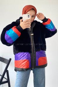 Modalamelif Kürk Garnili Renkli Mont Koyu Siyah