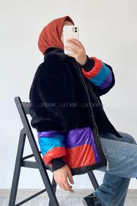 Modalamelif Kürk Garnili Renkli Mont Koyu Siyah