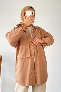 Modalamelif Önü Boydan Çıt Çıt Düğmeli Çift Cepli Gabardin Gömlek Sütlükahve