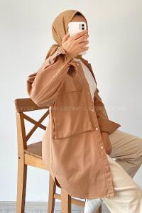 Modalamelif Önü Boydan Çıt Çıt Düğmeli Çift Cepli Gabardin Gömlek Sütlükahve