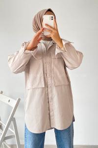 Modalamelif Önü Boydan Çıt Çıt Düğmeli Çift Cepli Gabardin Gömlek Taşrengi