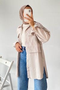 Modalamelif Önü Boydan Çıt Çıt Düğmeli Çift Cepli Gabardin Gömlek Taşrengi