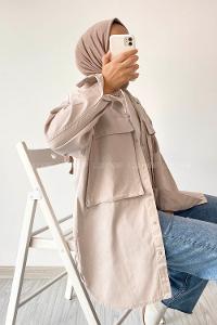 Modalamelif Önü Boydan Çıt Çıt Düğmeli Çift Cepli Gabardin Gömlek Taşrengi