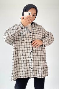 Modalamelif Önü Boydan Düğmeli Kareli Şanel Gömlek Beyaz