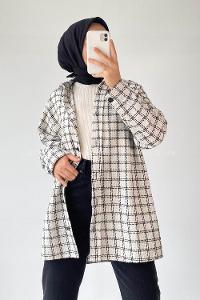 Modalamelif Önü Boydan Düğmeli Kareli Şanel Gömlek Beyaz