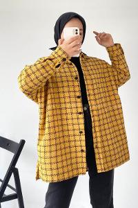 Modalamelif Önü Boydan Düğmeli Kareli Şanel Gömlek Hardal