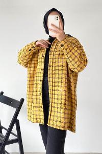 Modalamelif Önü Boydan Düğmeli Kareli Şanel Gömlek Hardal