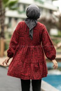 Modalamelif Önü Boydan Düğmeli Yazı Baskılı Fırfırlı Tunik Bordo