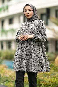 Modalamelif Önü Boydan Düğmeli Yazı Baskılı Fırfırlı Tunik Gri