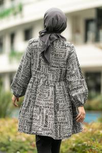 Modalamelif Önü Boydan Düğmeli Yazı Baskılı Fırfırlı Tunik Gri